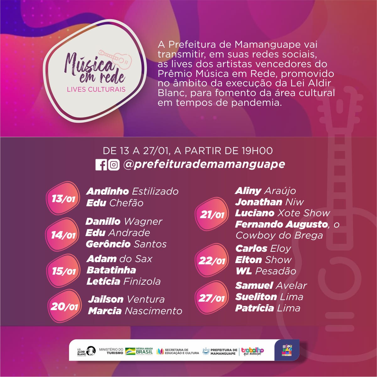Prefeitura de Mamanguape promove lives com artistas premiados na Lei Aldir Blanc
