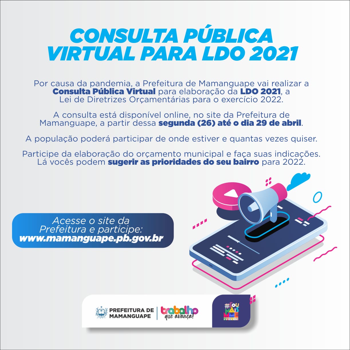 Prefeitura de Mamanguape realiza Consulta Pública virtual para elaboração da LDO 2021
