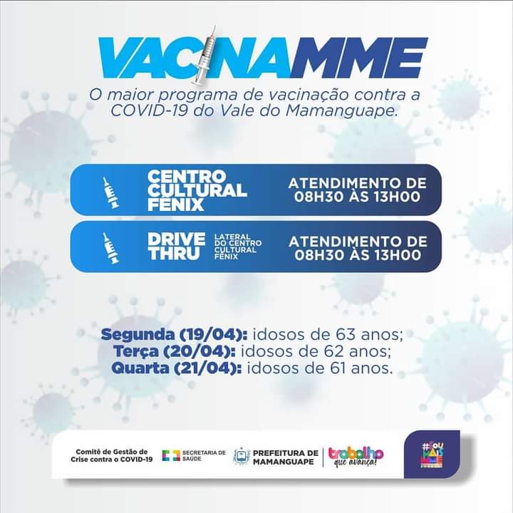 Mamanguape vacina faixa etária 63 a 61; e 2ª dose conforme agendamento no cartão de vacinação