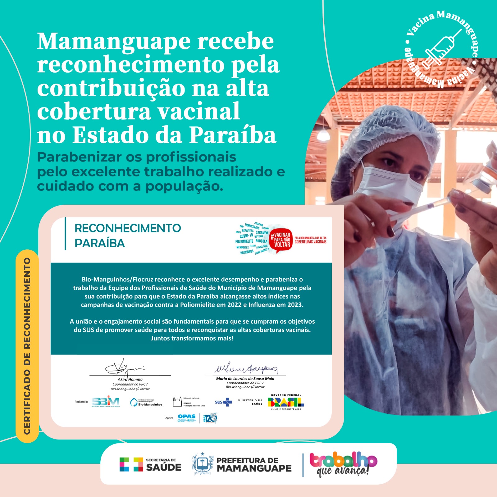 Mamanguape recebe reconhecimento pela alta cobertura vacinal desenvolvida na Paraíba
